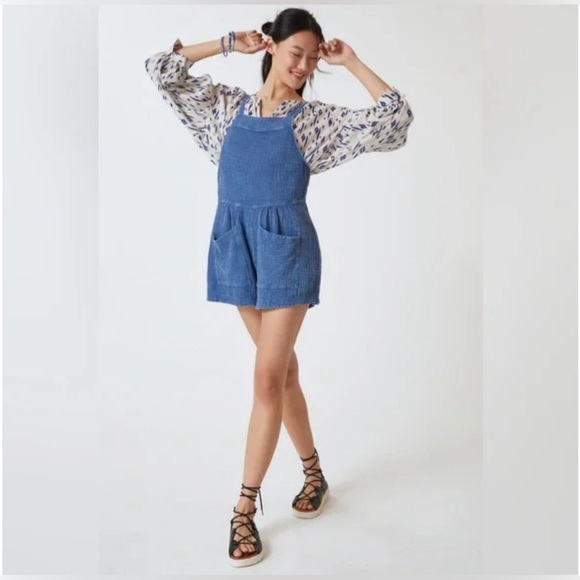 LaBiz Maronie Relaxed Gauze Blue Shortalls Jumper Romper Pockets Women’s XS - Picture 2 of 16